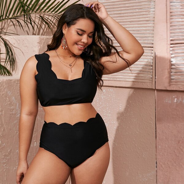 

Plus Scallop Trim High Waisted Bikini Swimsuit, Black