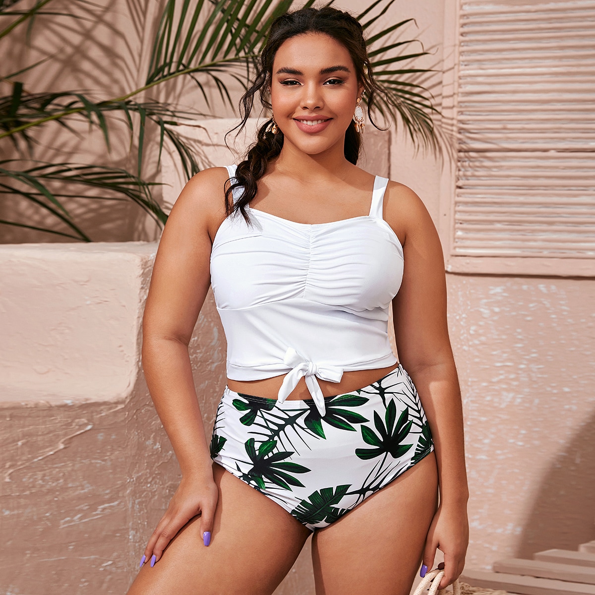 Plus Tropical Ruched Knot Front Bikini Swimsuit thumbnail