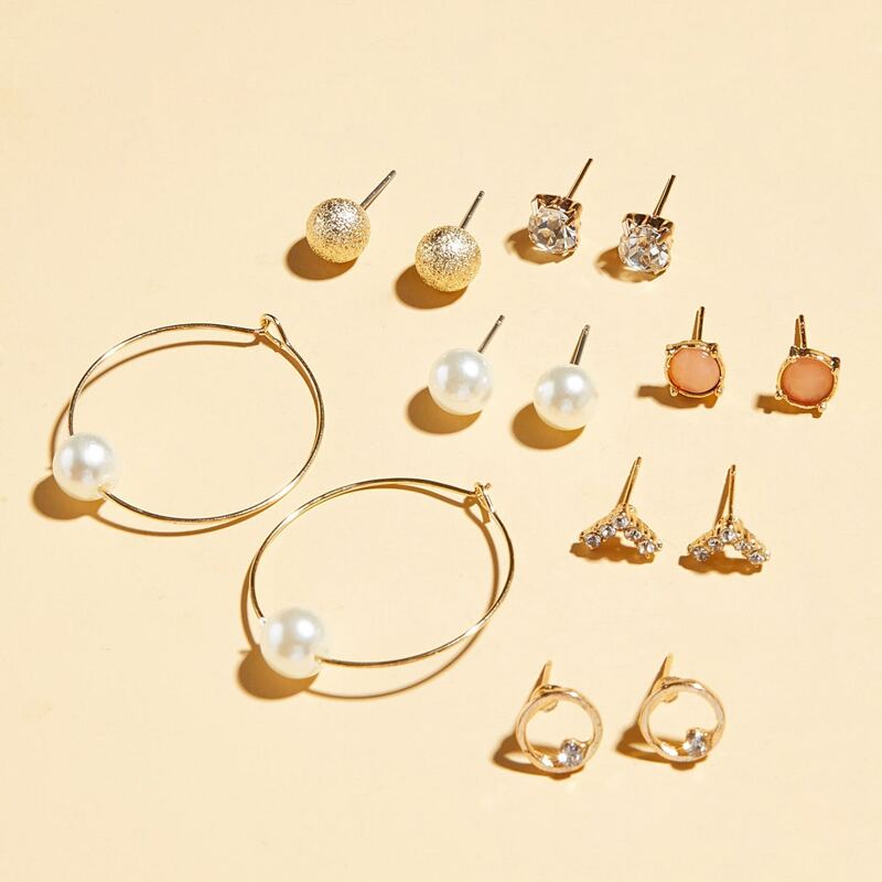 

7pairs Pearl Decor Rhinestone Engraved Earrings, Multicolor