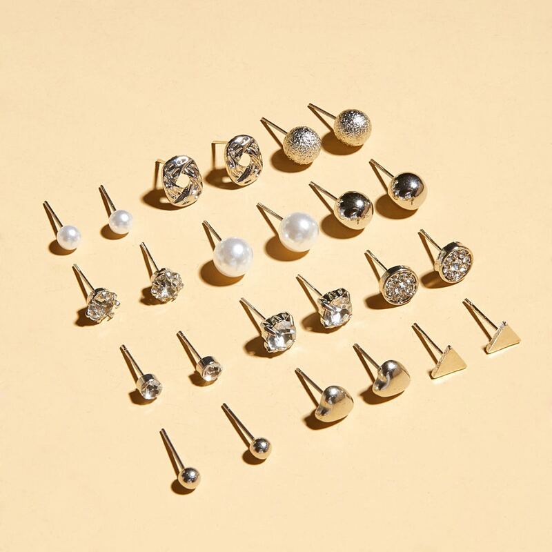 

12pairs Faux Pearl Decor Heart & Triangle Design Stud Earrings, Multicolor