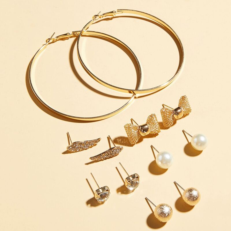 

6pairs Rhinestone Engraved Faux Pearl Decor Earrings, Gold