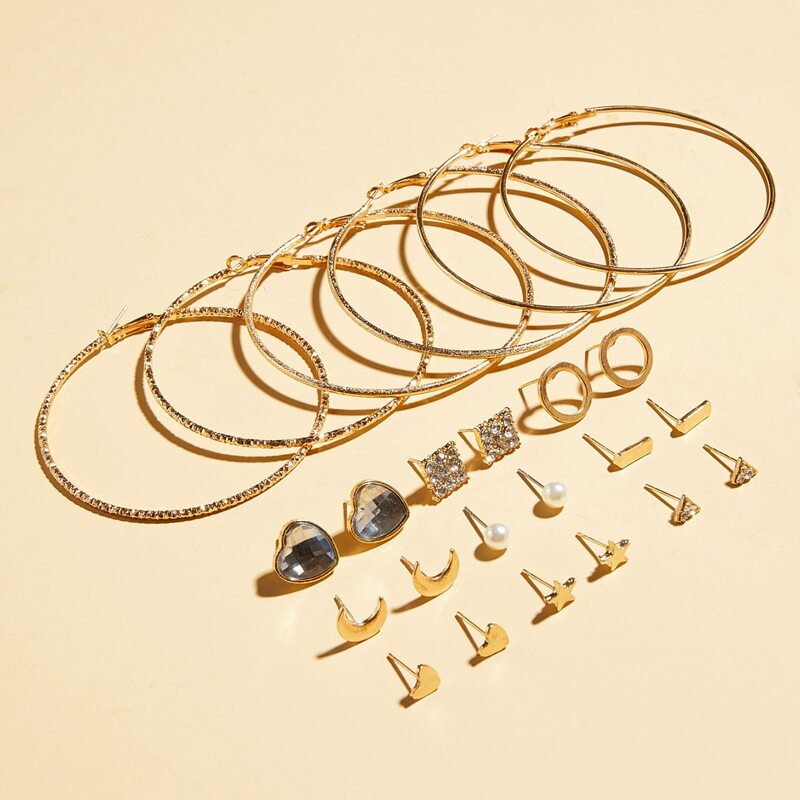 

12pairs Rhinestone Engraved Star & Moon Design Earrings, Gold