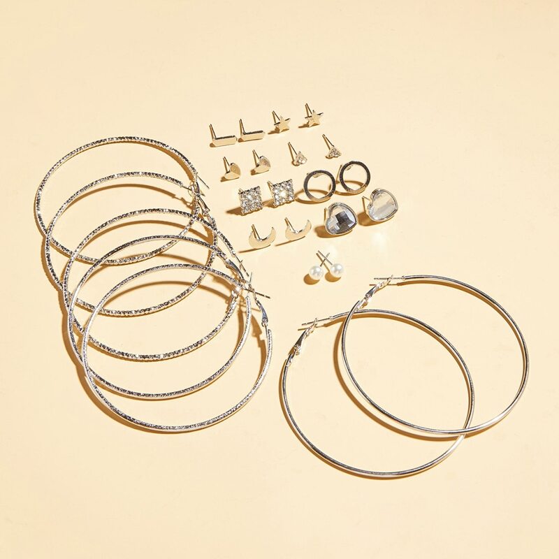 

12pairs Rhinestone Decor Star & Moon Design Earrings, Silver
