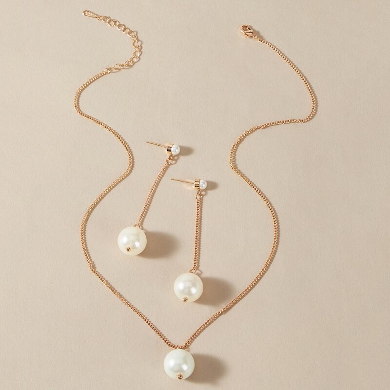 

1pair Pearl Decor Drop Earrings & 1pc Necklace