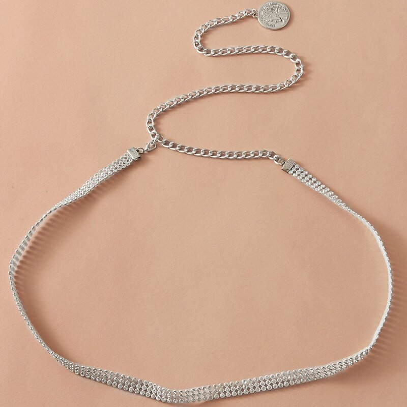 

1pc Rhinestone Engraved Waist Chain, Silver