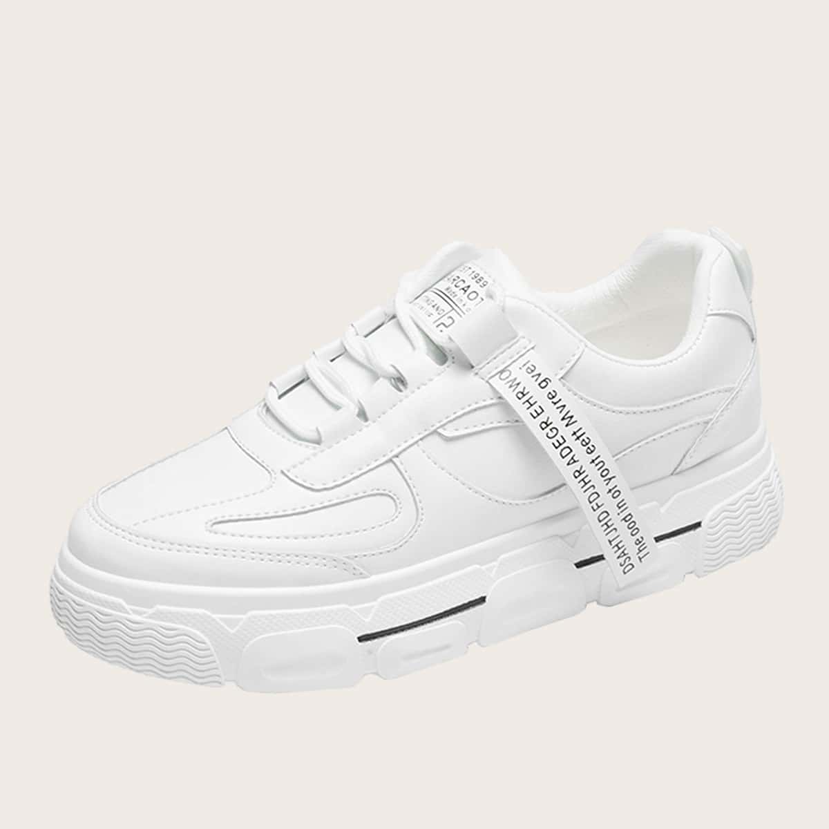 

Letter Tape Decor Lace-up Front Sneakers, White
