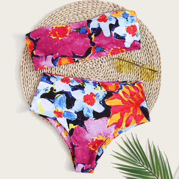 

Graffiti Print Bandeau High Waisted Bikini Swimsuit, Multicolor