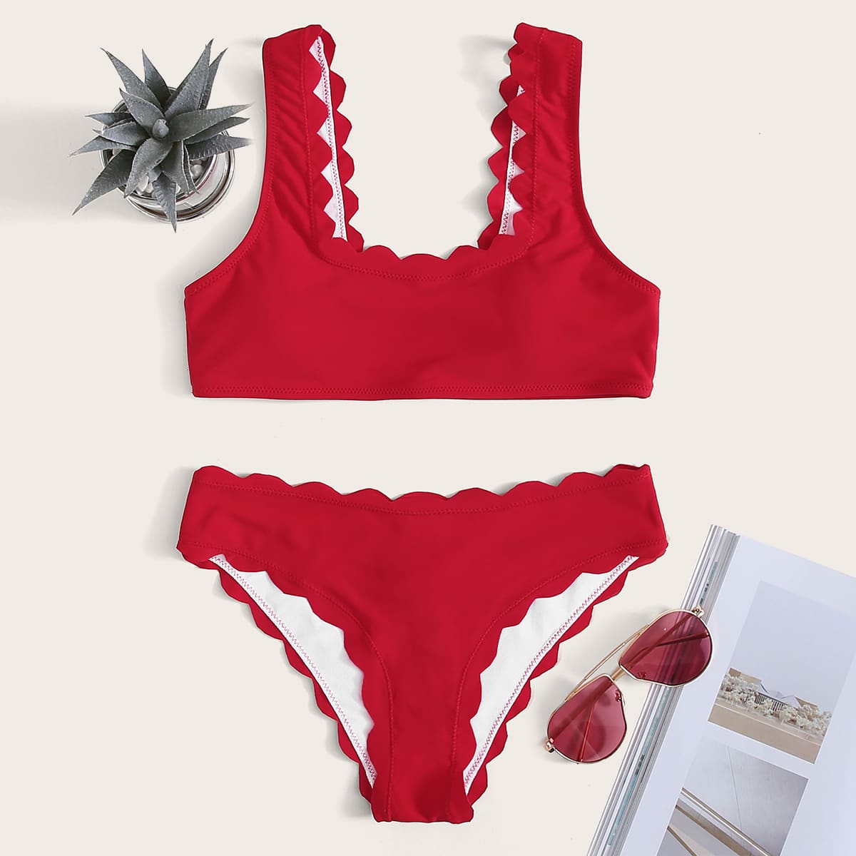 

Scallop Trim Cheeky Bikini Swimsuit, Red