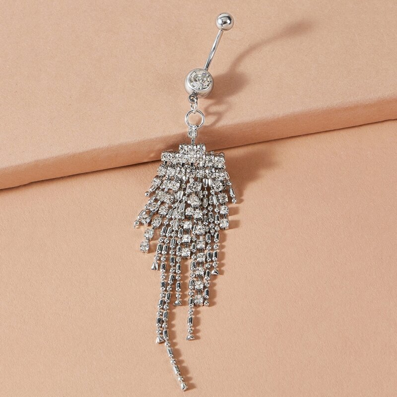 

1pc Rhinestone Decor Tassel Charm Belly Ring, Silver