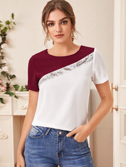 Contrast Sequins Colorblock Round Neck Blouse