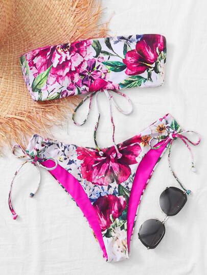 Floral Tie Back Bandeau Tie Side Bikini Swimsuit
