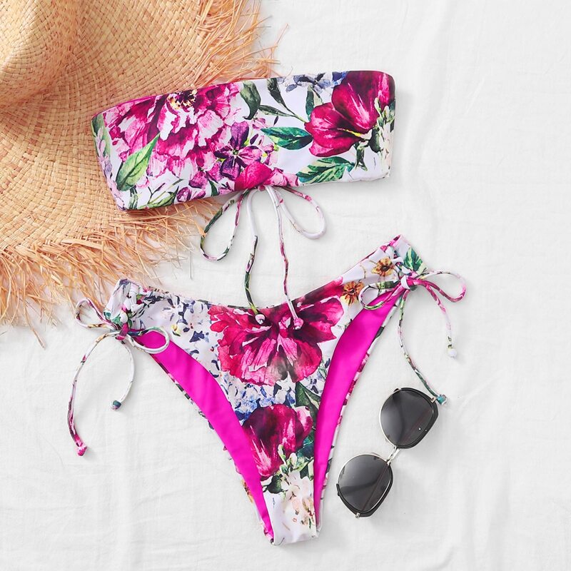 

Floral Tie Back Bandeau Tie Side Bikini Swimsuit, Multicolor