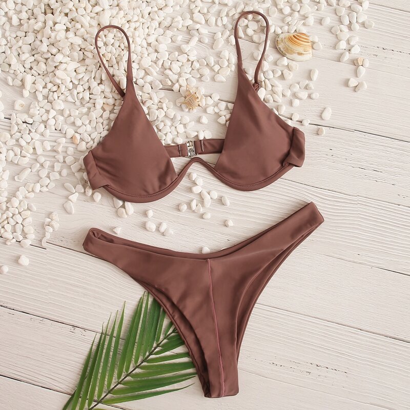 

Underwire High Leg Bikini Swimsuit, Brown