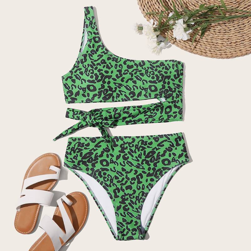 

Leopard One Shoulder High Waisted Bikini Swimsuit, Green