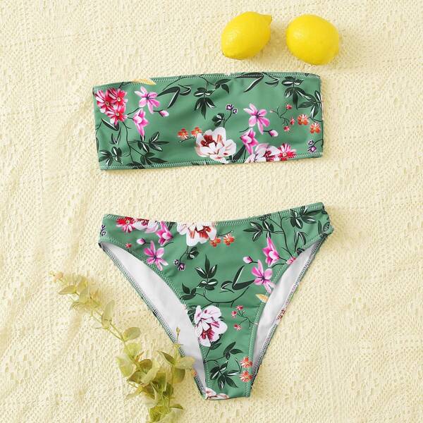 

Floral Print Bandeau Bikini Swimsuit, Green