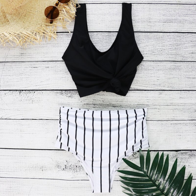 

Striped Knot Front High Waisted Bikini Swimsuit, Black and white