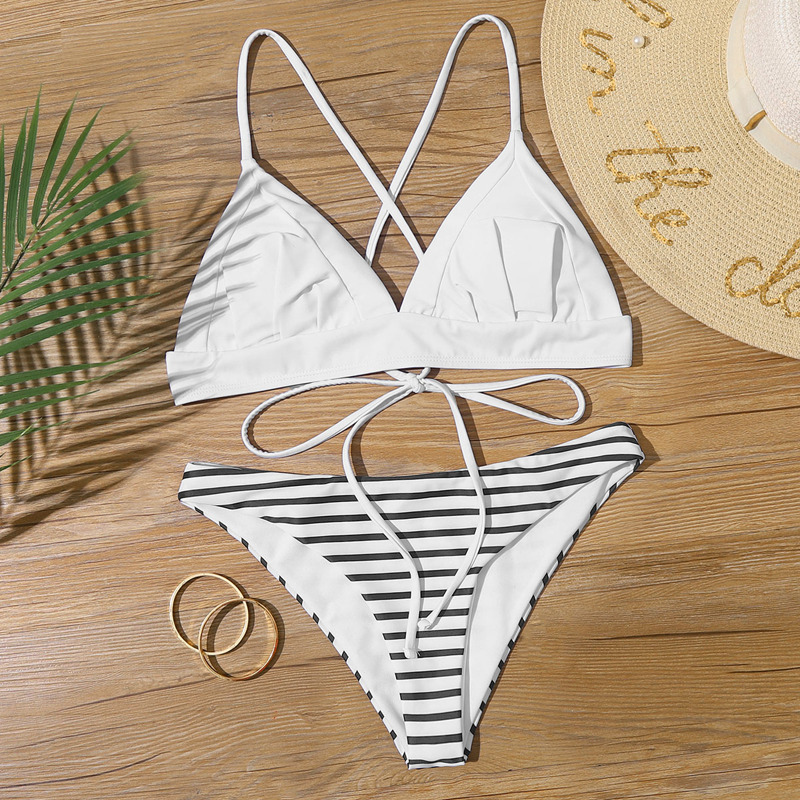 

Striped Criss Cross Triangle Bikini Swimsuit, Black and white