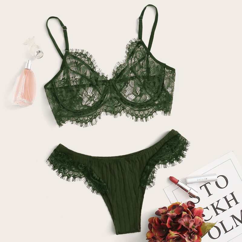 

Eyelash Lace Underwire Lingerie Set, Green
