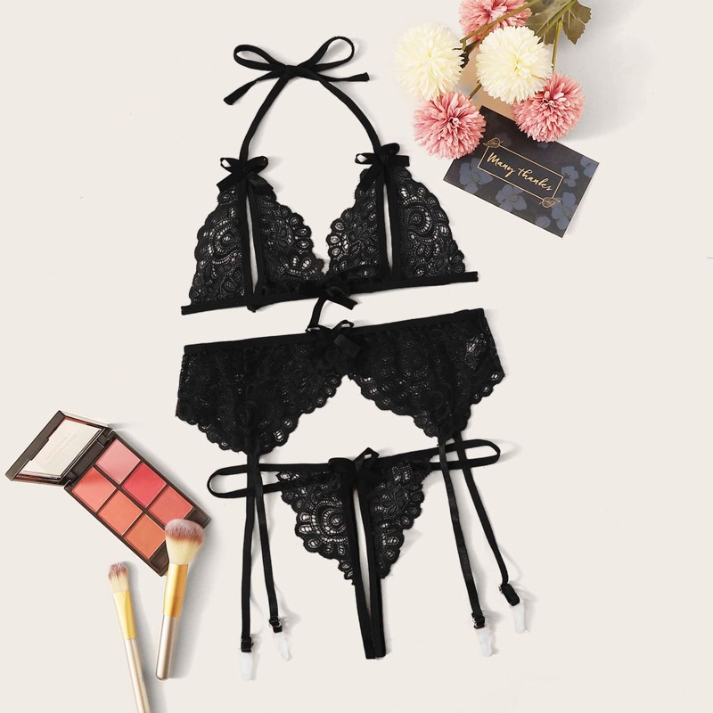 

Floral Lace Crotchless Garter Lingerie Set, Black