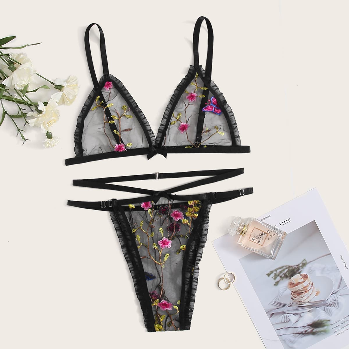

Floral Embroidered Mesh Frill Trim Lingerie Set, Black