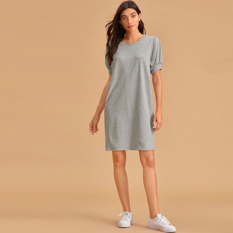 

Solid Puff Sleeve Night Dress, Grey