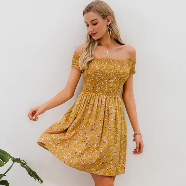 

Off Shoulder Shirred Bodice Floral Dress, Yellow