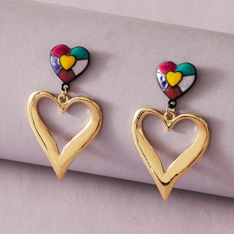 

1pair Color Block Heart Drop Earrings, Multicolor