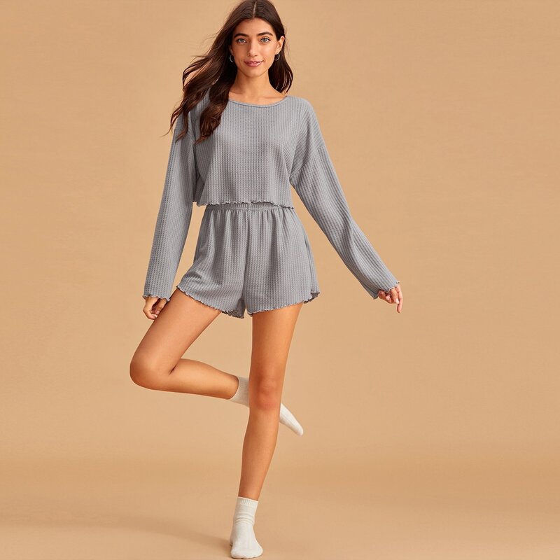 

Lettuce Trim Drop Shoulder Solid PJ Set, Grey