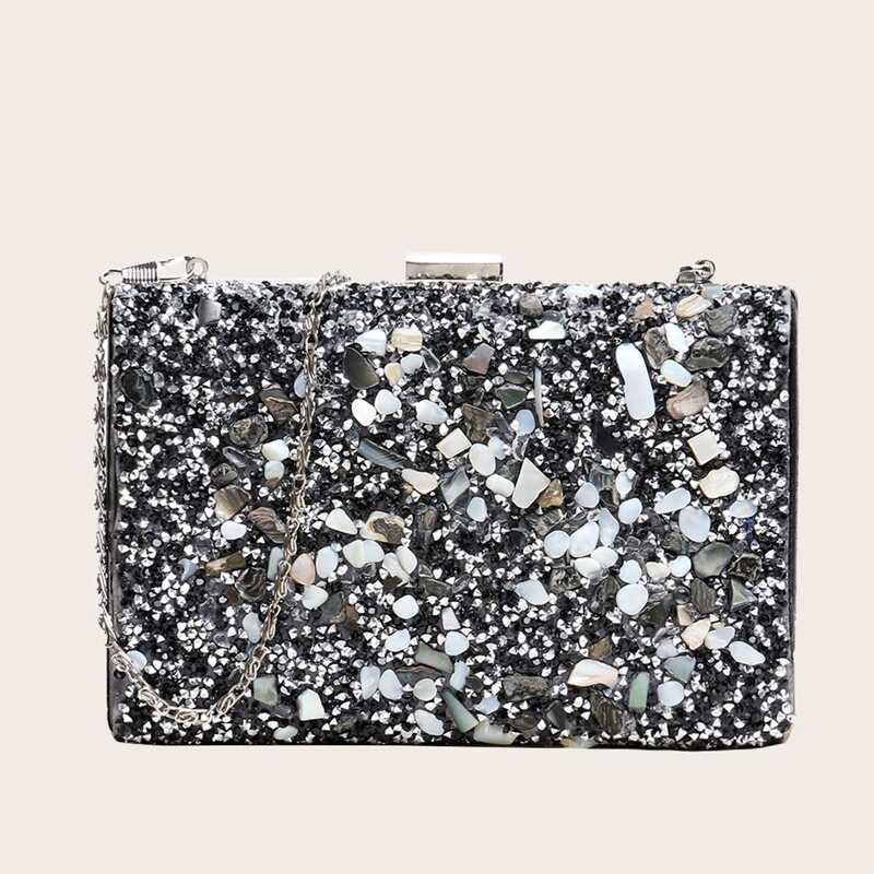 Clip Top Glitter Clutch Bag, Grey