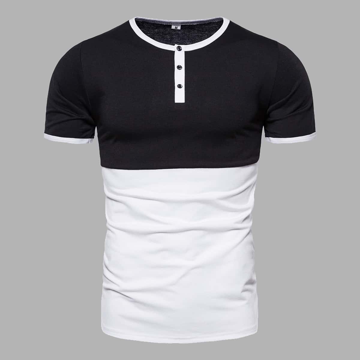 

Men Two Tone Half Placket Tee, Black and white