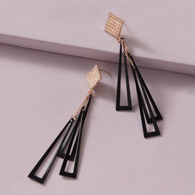 

1pair Rhinestone Engraved Geometric Drop Earrings, Black