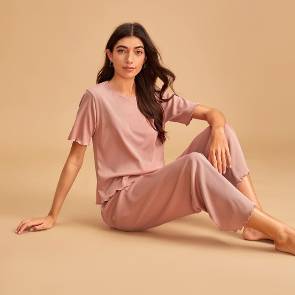 

Solid Lettuce Trim Rib-knit PJ Set, Pink