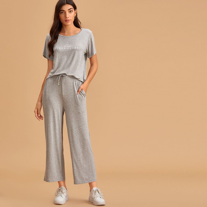 

Letter Graphic Drawstring Waist PJ Set, Grey