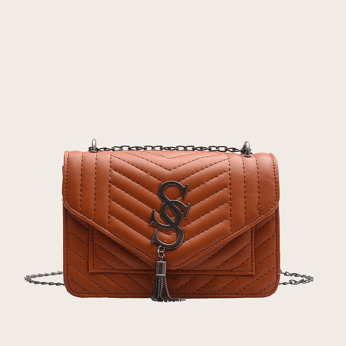 

Stitch Detail Tassel Decor Flap Crossbody Bag, Brown