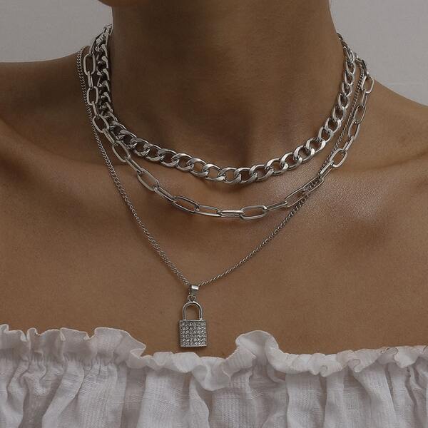 

2pcs Lock Charm & Chain Necklace, Silver