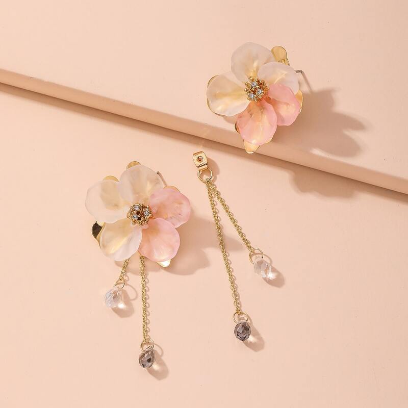 

1pair Rhinestone Engraved Flower Decor Earring Jackets, Pink