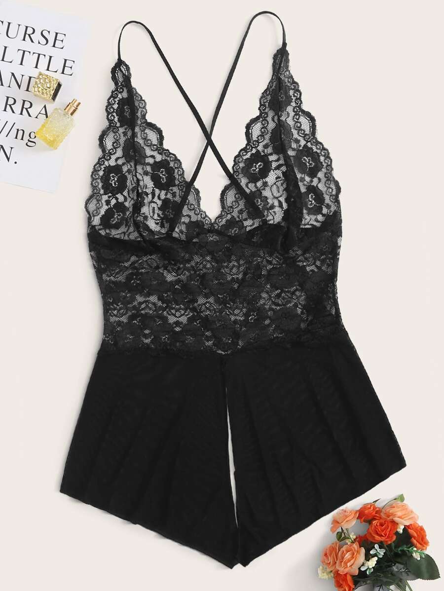 Plus Contrast Lace Mesh Crotchless Teddy Bodysuit - Black - View 1