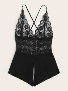 Plus Contrast Lace Mesh Crotchless Teddy Bodysuit - Black - View 2