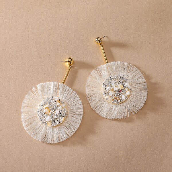 

1pair Rhinestone Engraved Tassel Drop Earrings, White