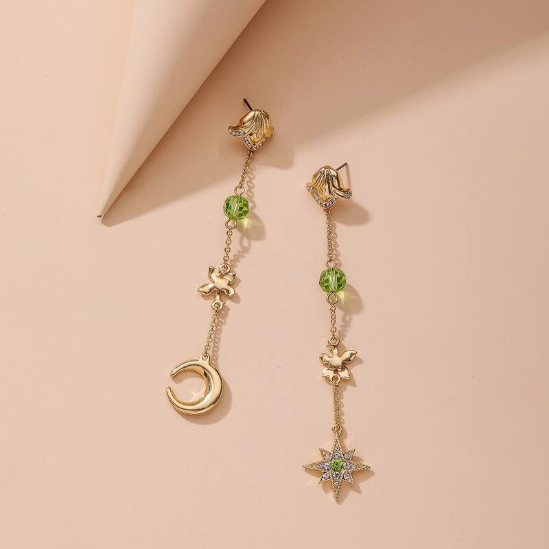 

1pair Rhinestone Engraved Star & Moon Decor Drop Earrings, Gold