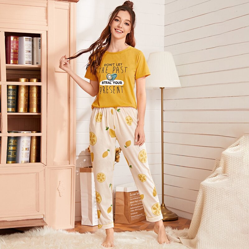 

Fruit And Slogan Graphic PJ Set, Multicolor