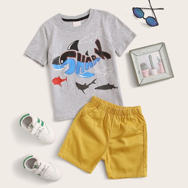 

Toddler Boys Cartoon Shark Print Tee With Shorts, Multicolor