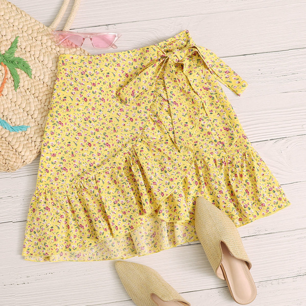 

Ruffle Trim Wrap Knotted Ditsy Floral Skirt, Yellow