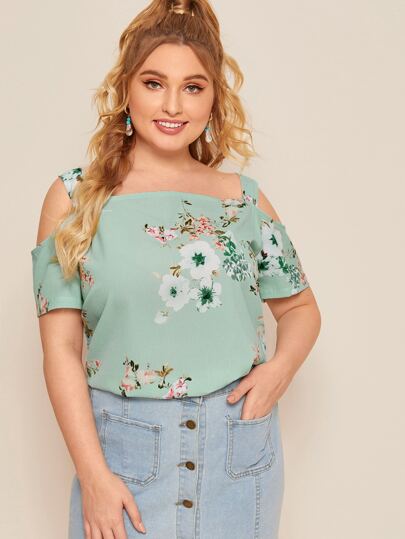 Plus Cold Shoulder Floral Print Blouse