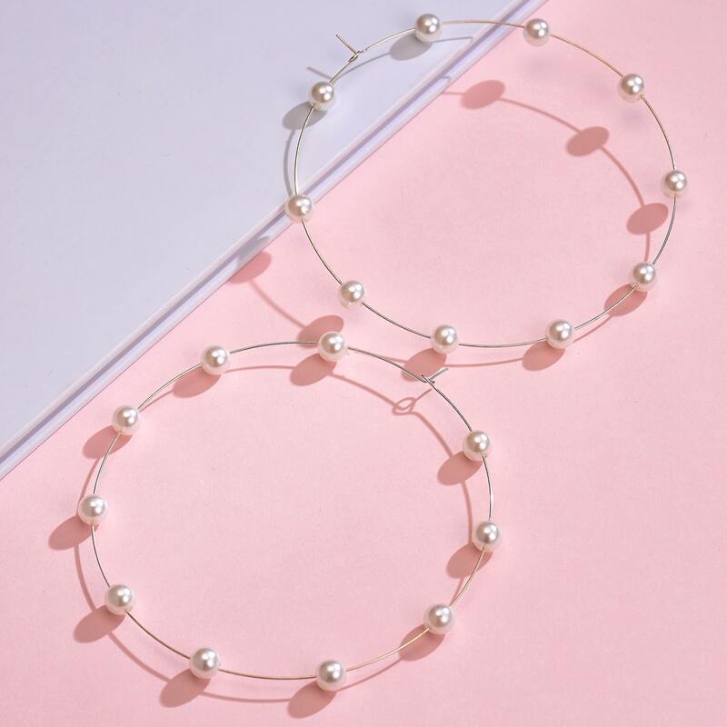 

1pair Faux Pearl Decor Hoop Earrings, Silver