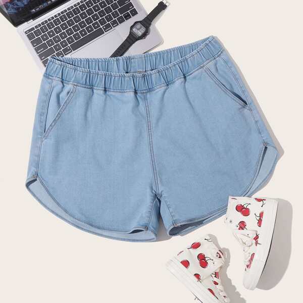 

Plus Solid Elastic Waist Denim Shorts, Blue