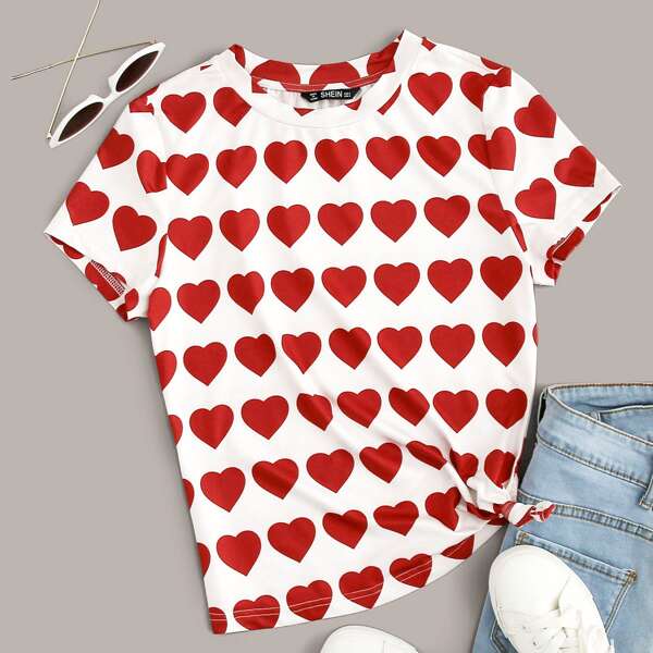 

Cap Sleeve Heart Print Tee, Red