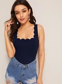 SHEIN Privé Scallop Trim Slim Tank Top - Navy Blue - View 4