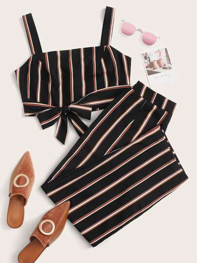 Striped Tie Front Cami Top & Pants