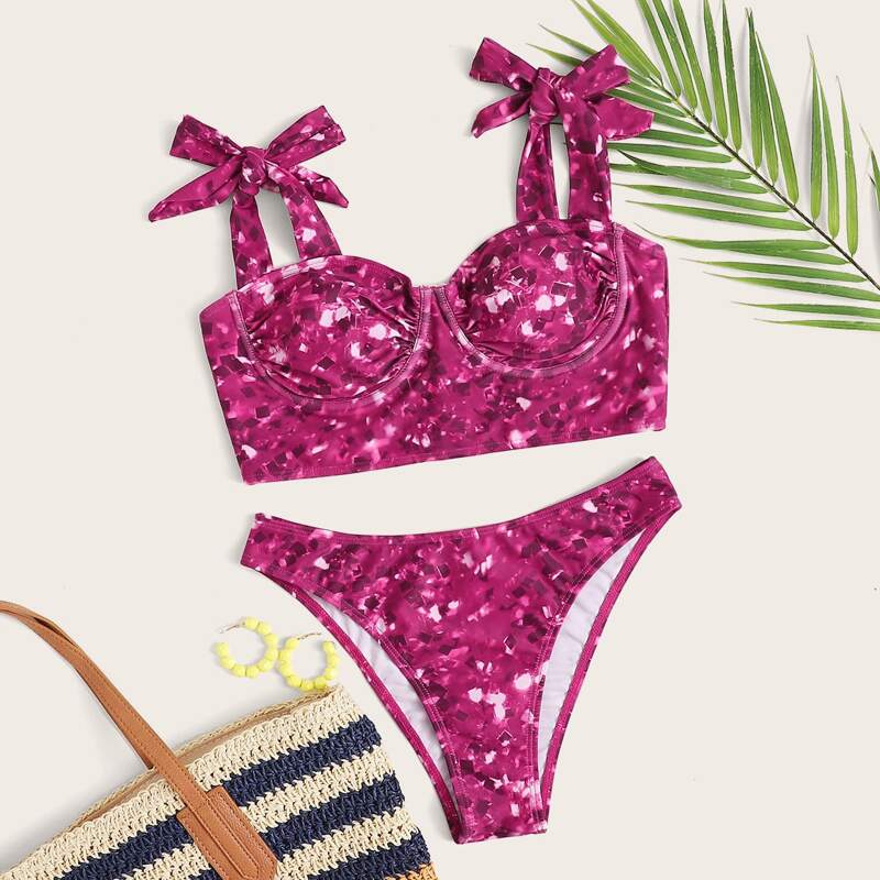 

Tie Shoulder Underwire Bikini Swimsuit, Red